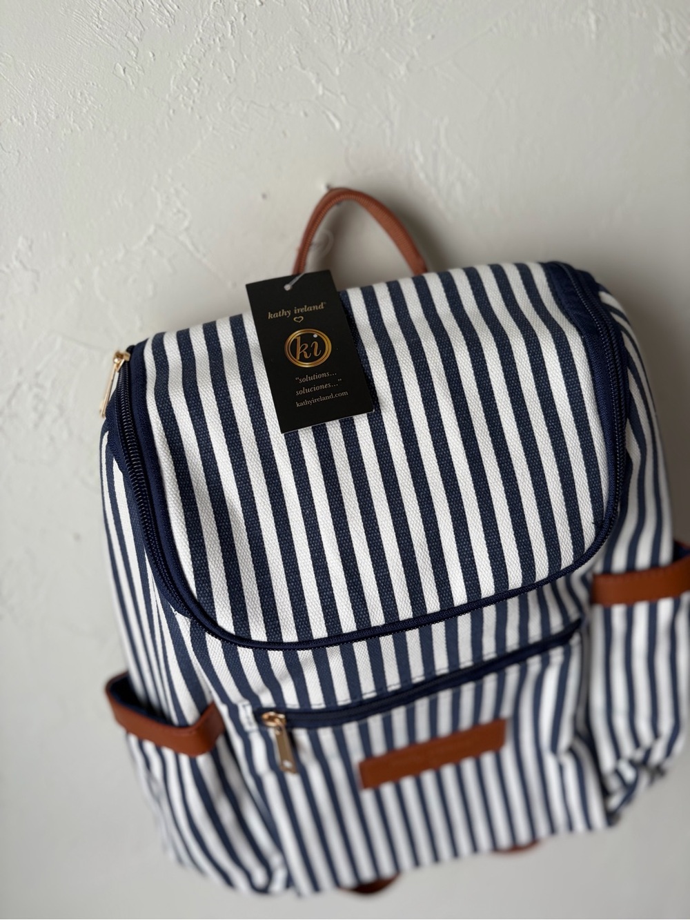 Kathy Ireland Navy White Striped Canvas Backpack Faux Leather Trim NWT - Picture 4 of 10
